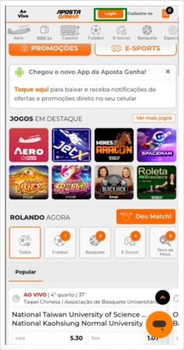 Página inicial do Aposta Ganha na versão mobile com botão de login destacado