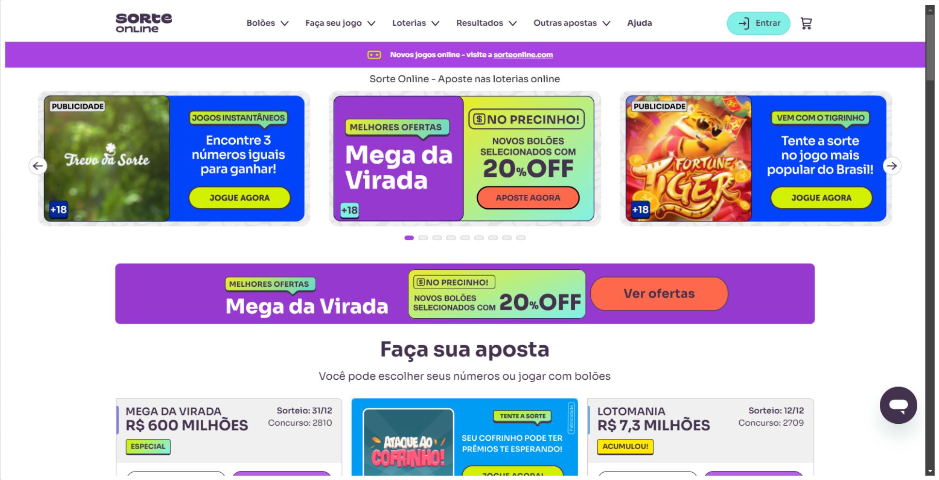 Visual do site Sorte Online