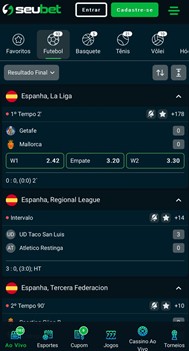 Página com apostas ao vivo na SeuBet versão mobile