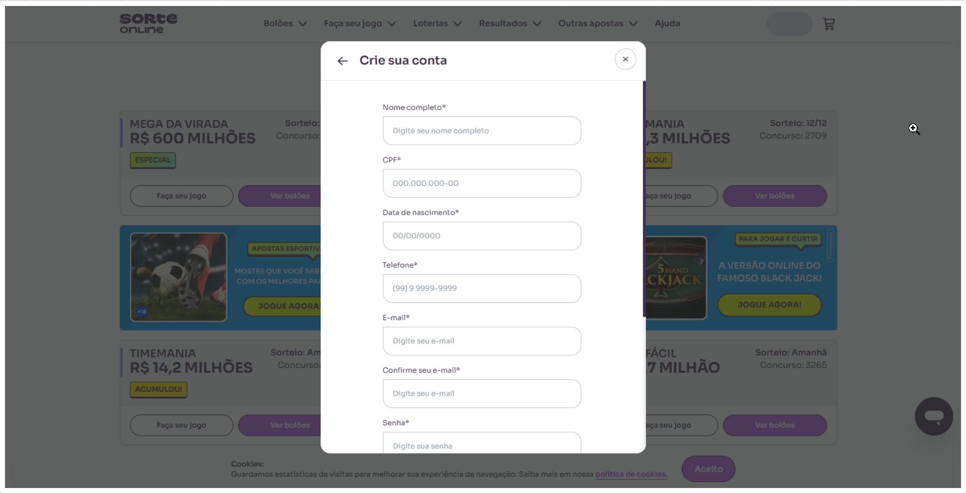 Página de cadastro do Sorte Online