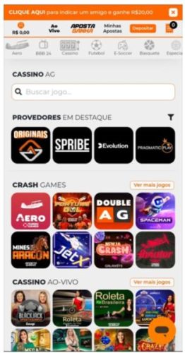 Página do cassino Aposta Ganha na versão mobile