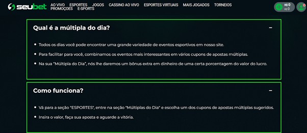 Página com informações da múltipla do dia na SeuBet