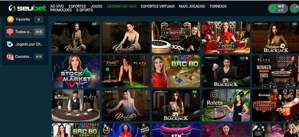 Página com jogos ao vivo no cassino na SeuBet