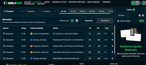 Página de mercados com apostas em basquete na SeuBet