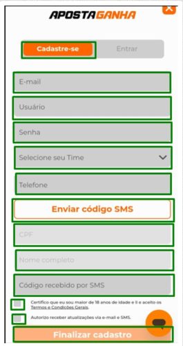 Página de cadastro do Aposta Ganha com destaque nos campos para preenchimento
