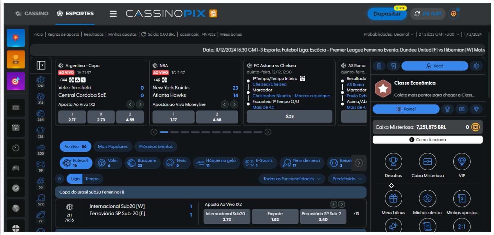  Imagem mostrando a tela de apostas esportivas na cassino pix