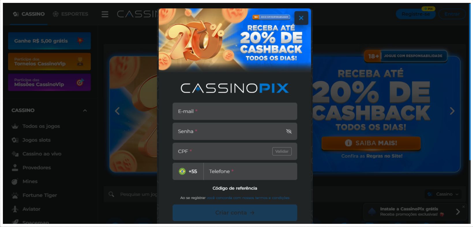  Imagem mostrando como registrar uma conta nova na cassino pix