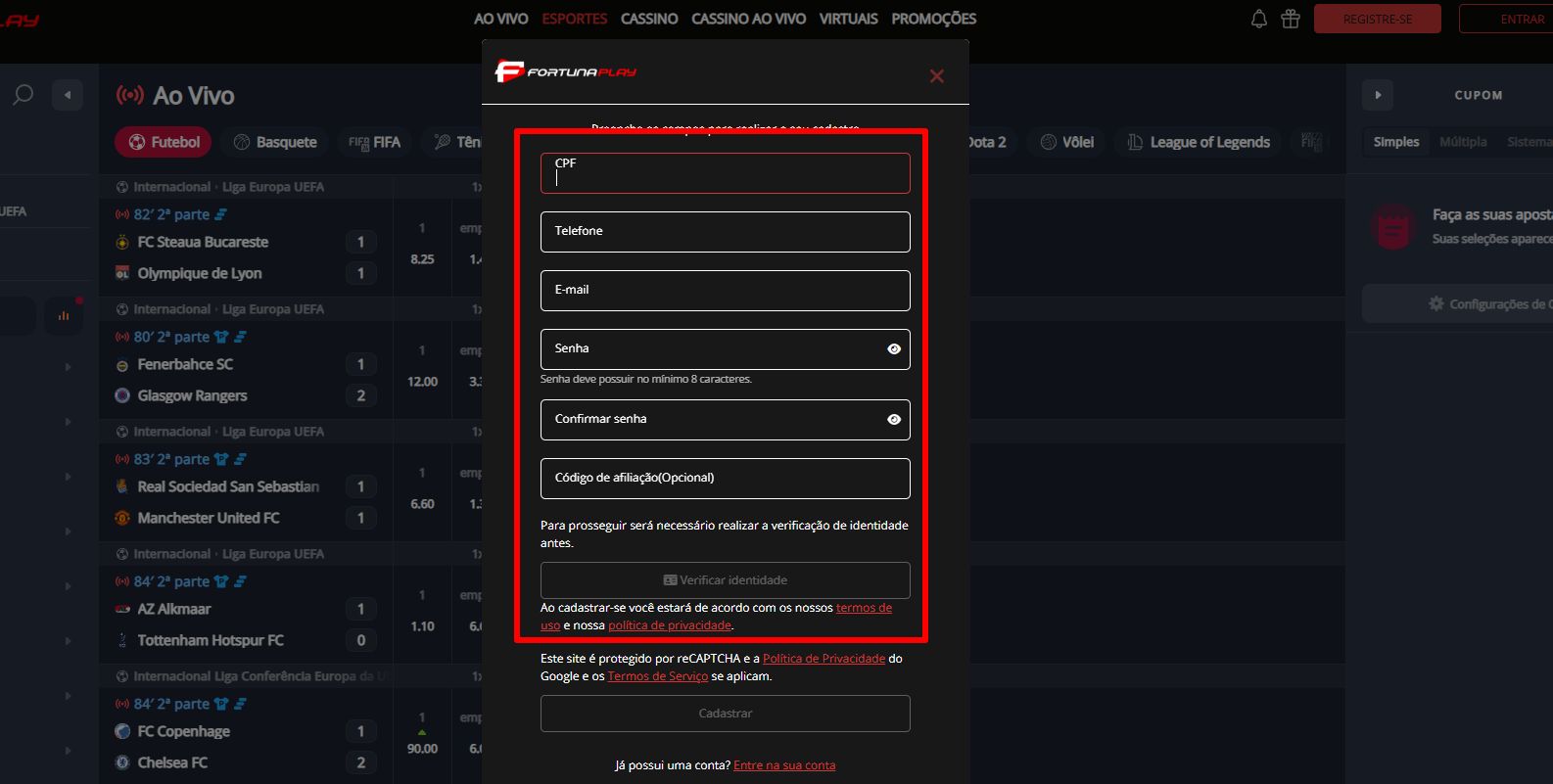 fortunaplay cadastro passo 2