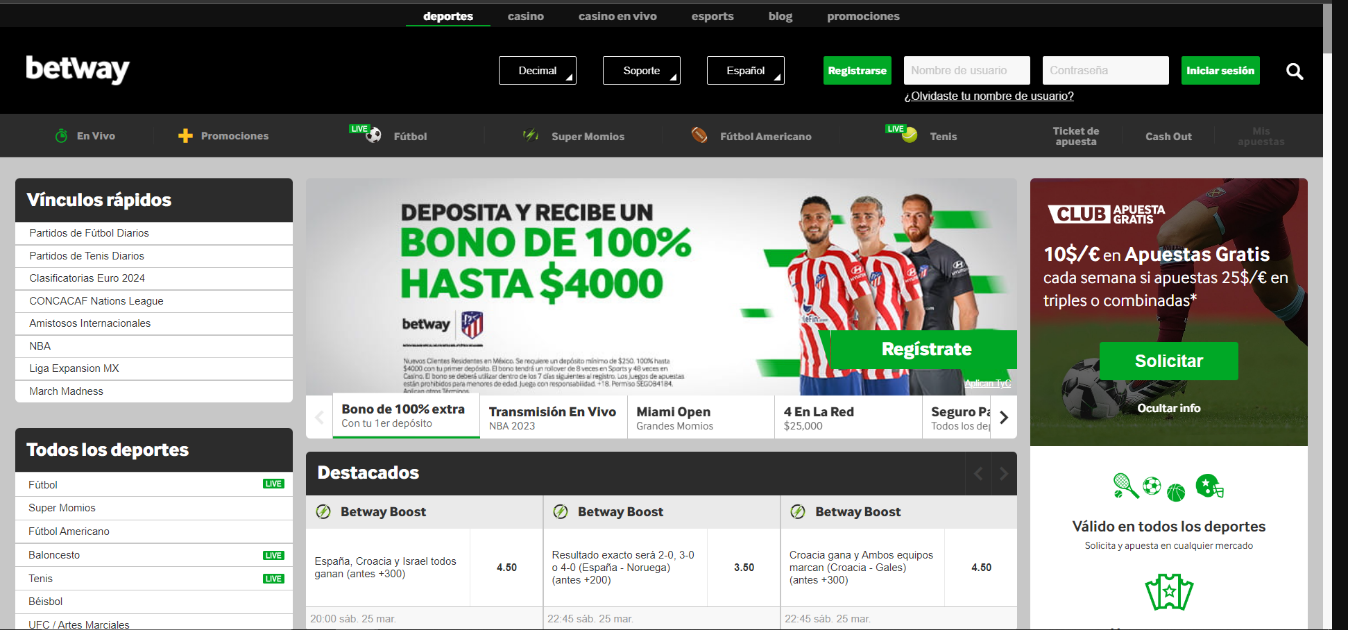 Screenshot del sitio web de Betway México