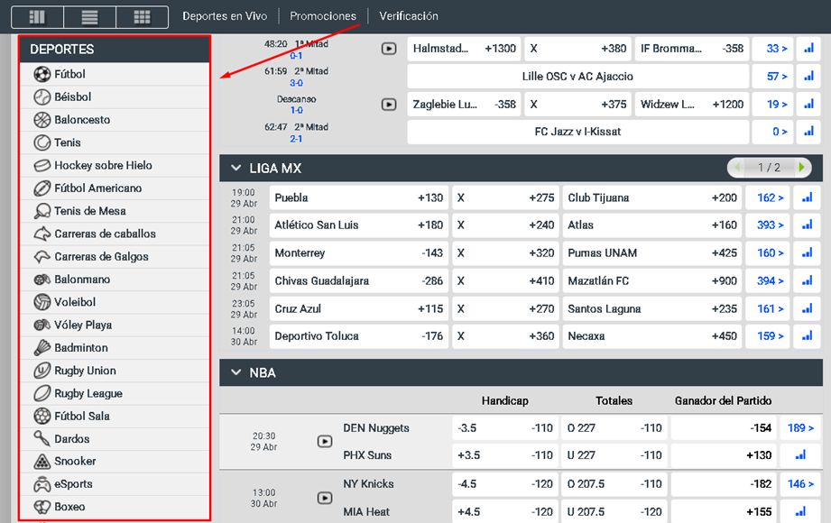 Panel con todos los deportes disponibles para apostar