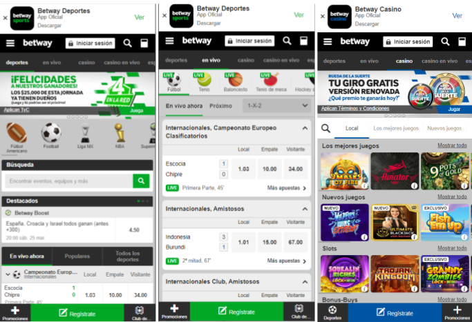 Tres screenshots del sitio web de Betway México