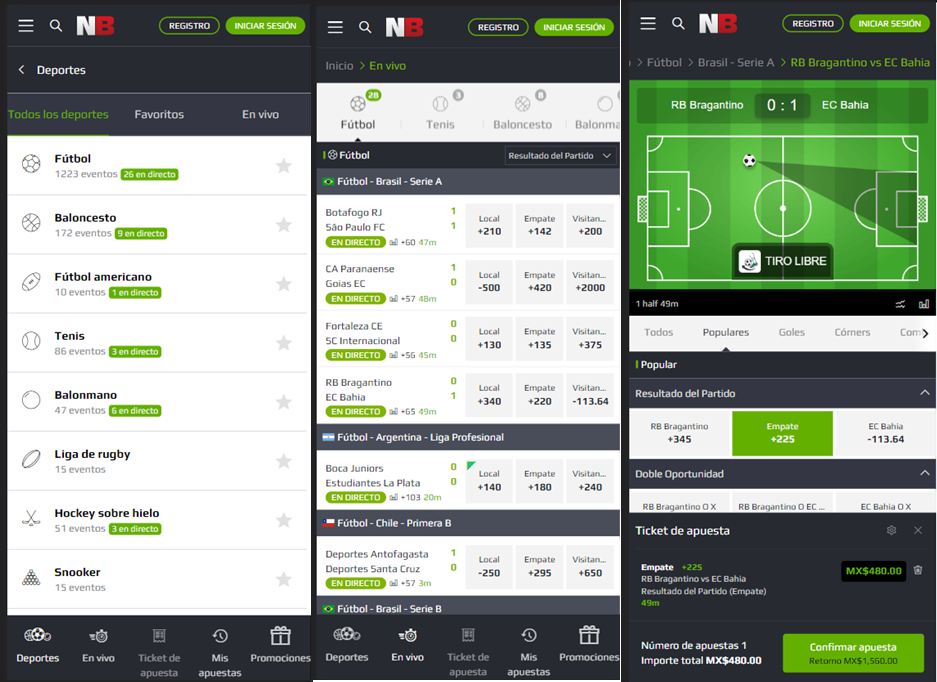 Tres screenshots de netbet méxico app  en su versión móvil