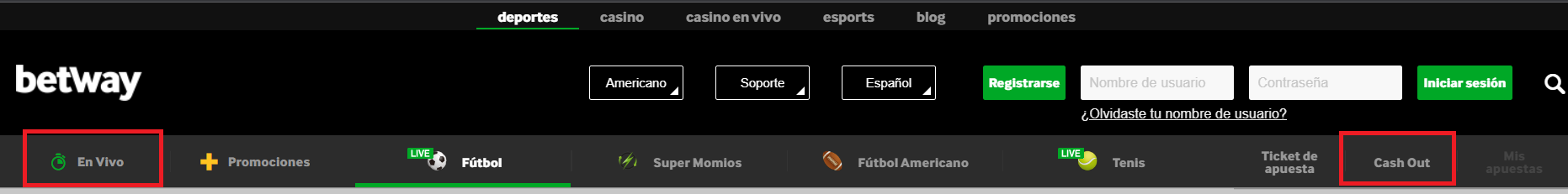 Screenshot de herramientas de apuestas de Betway México