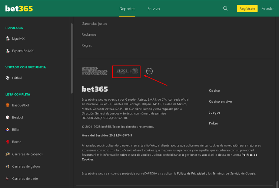 Logo de la SEGOB mexicana en la web de Bet365