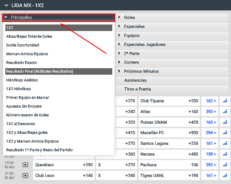 Lista con los mercados de apuestas principales para la Liga MX