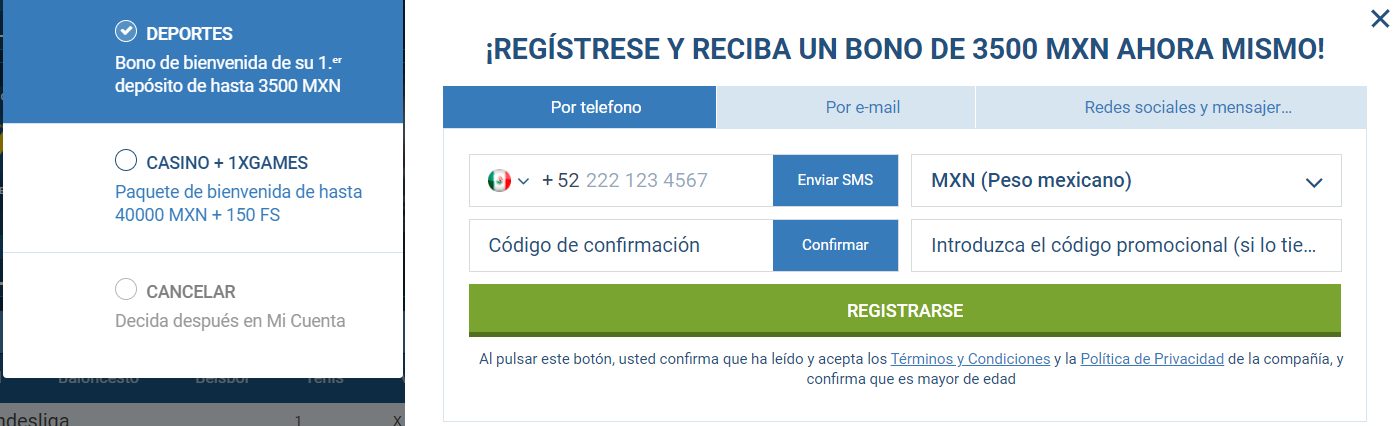 Información de registro de nuevo usuario para 1xbet méxico