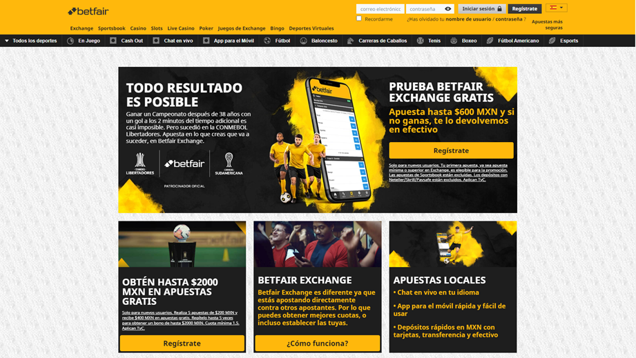 Muestra las principales secciones disponibles en la página principal e Betfair