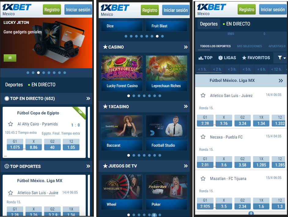 Tres screenshots de 1xbet méxico app para android