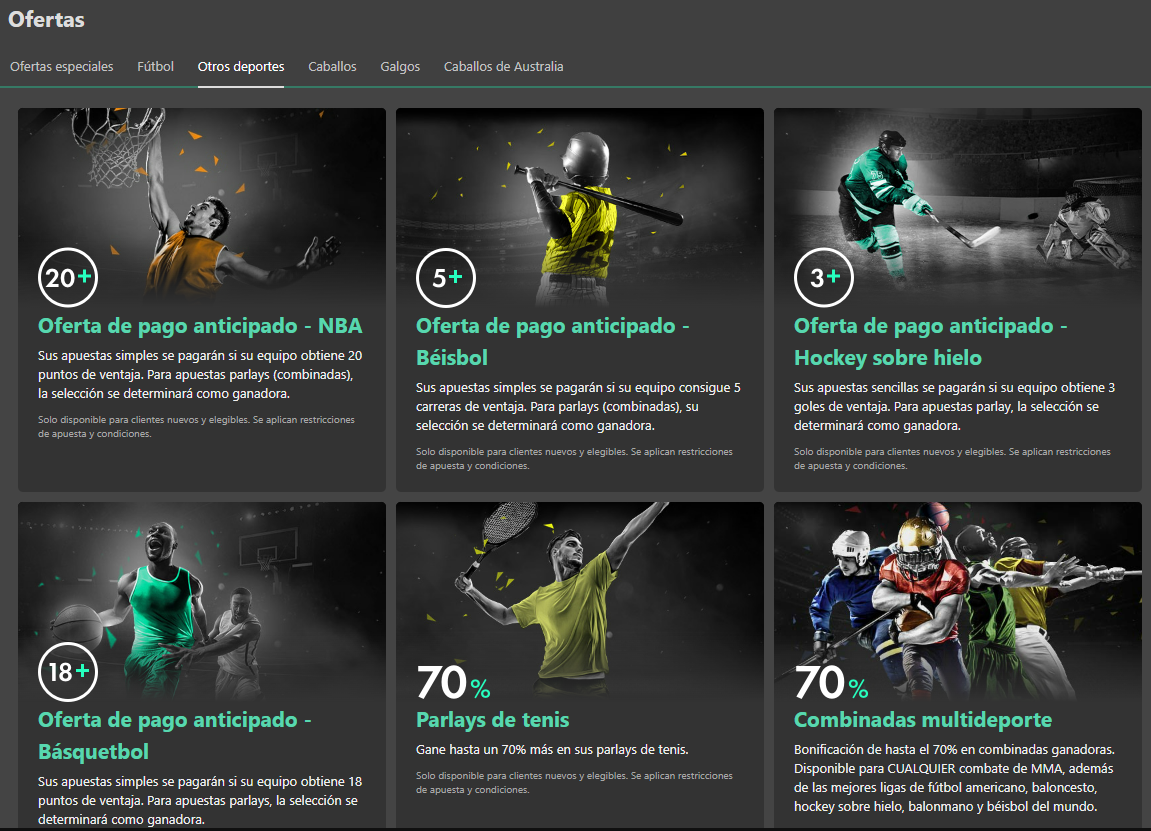 Screenshot con algunas ofertas para deportes