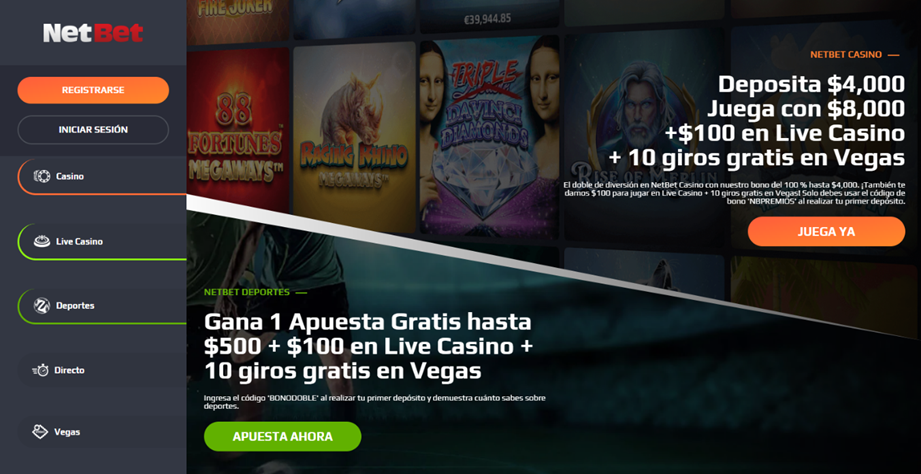 Muestra la sección inicial de Netbet y todas sus opciones