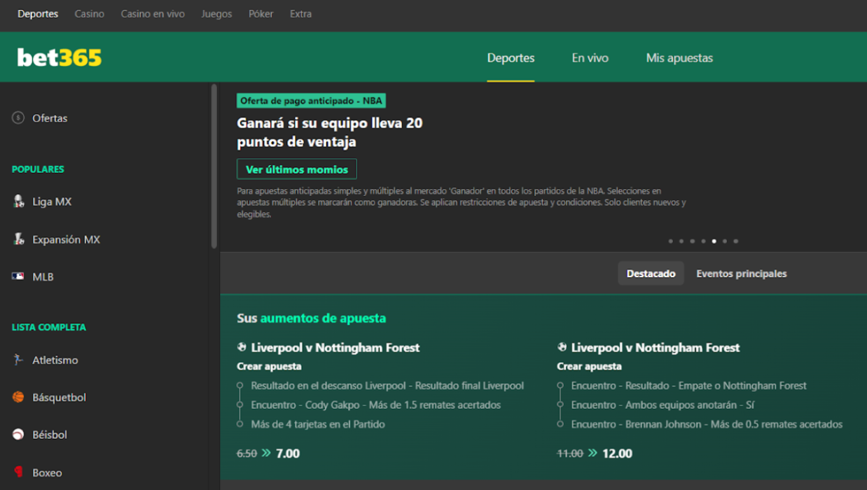 Se muestra un screenshot de la página de deportes de Bet365