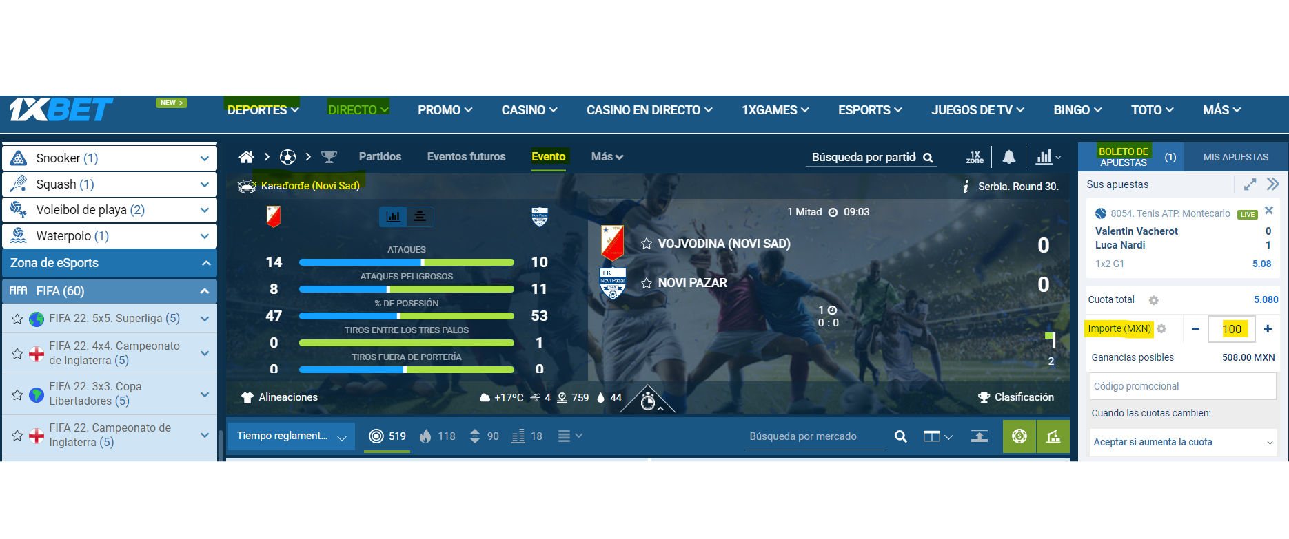 Imagen de realización de apuesta en web 1xbet méxico