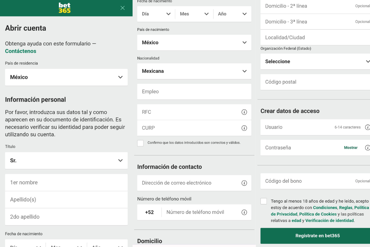 formulario de registro de Casa de apuestas Bet365 MX