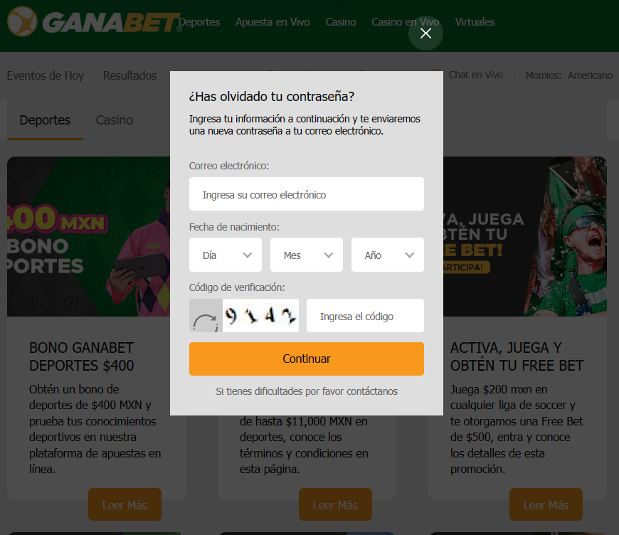 formulario para recuperar contraseña de la casa de apuestas ganabet