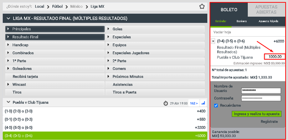 Boleto de apuestas de Codere con un monto de $100 MXN