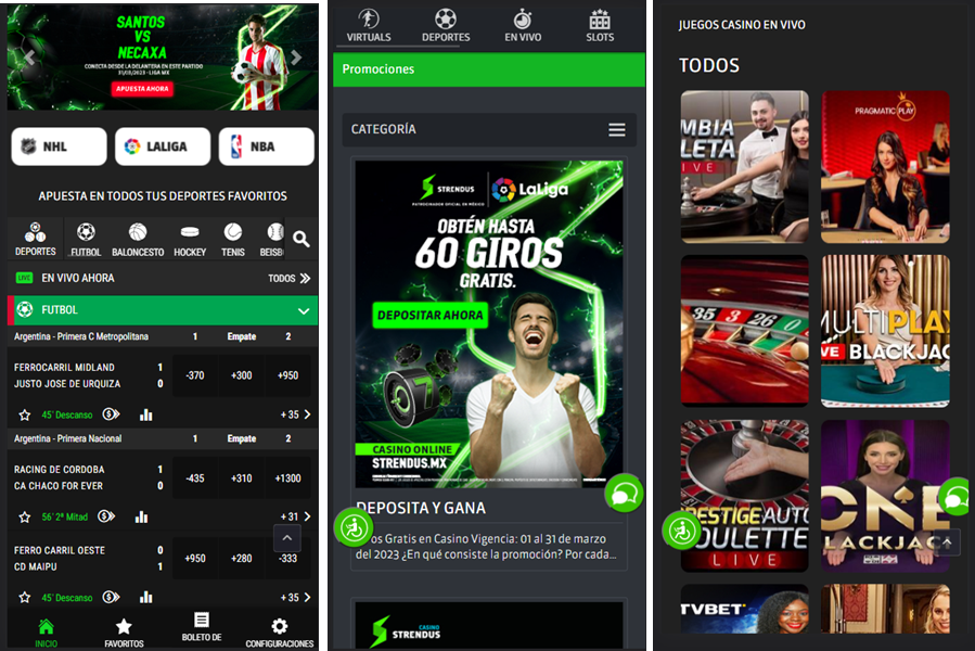 Tres screenshots de la app de la app strendus mx para android