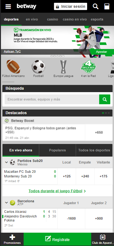 Imágenes de la versión móvil que ofrece Betway México