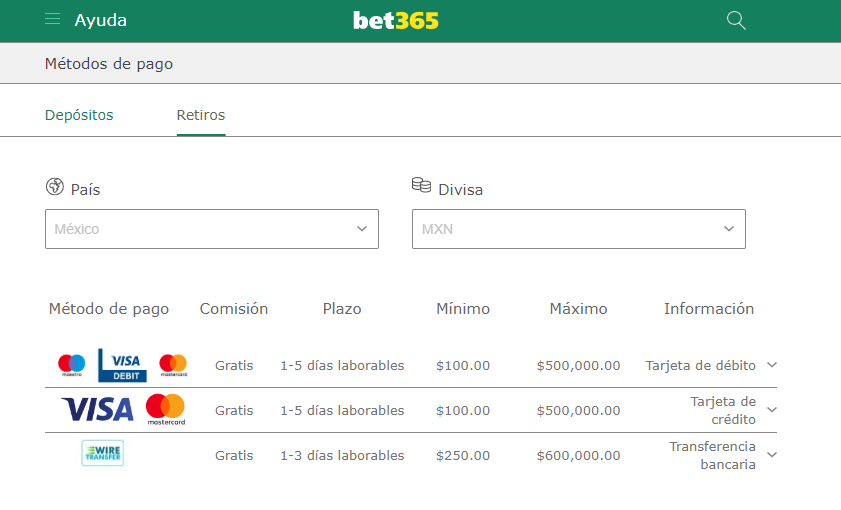 Se muestran los métodos de retiro de Bet365