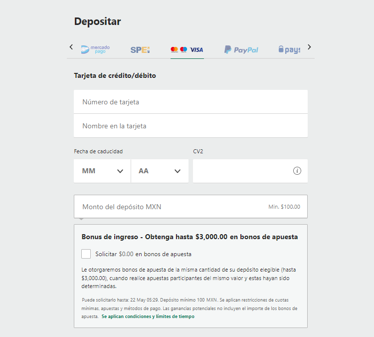 se muestra el método de depósito de tarjeta de bet365