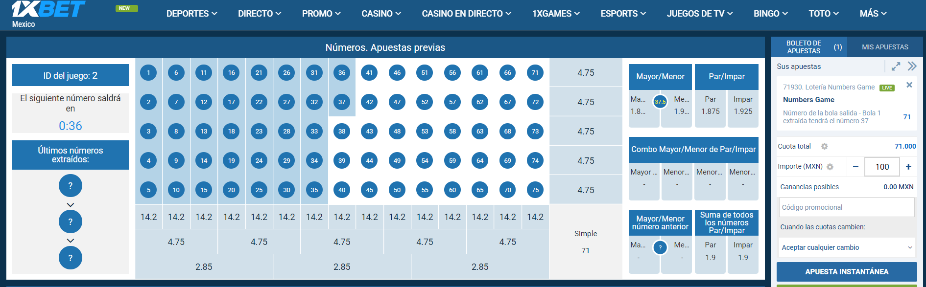 Sitio web  1xbet mexico mostrando la opcion de apuestas previas