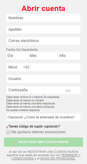 Muestra el formulario de registro de Caliente Apuestas