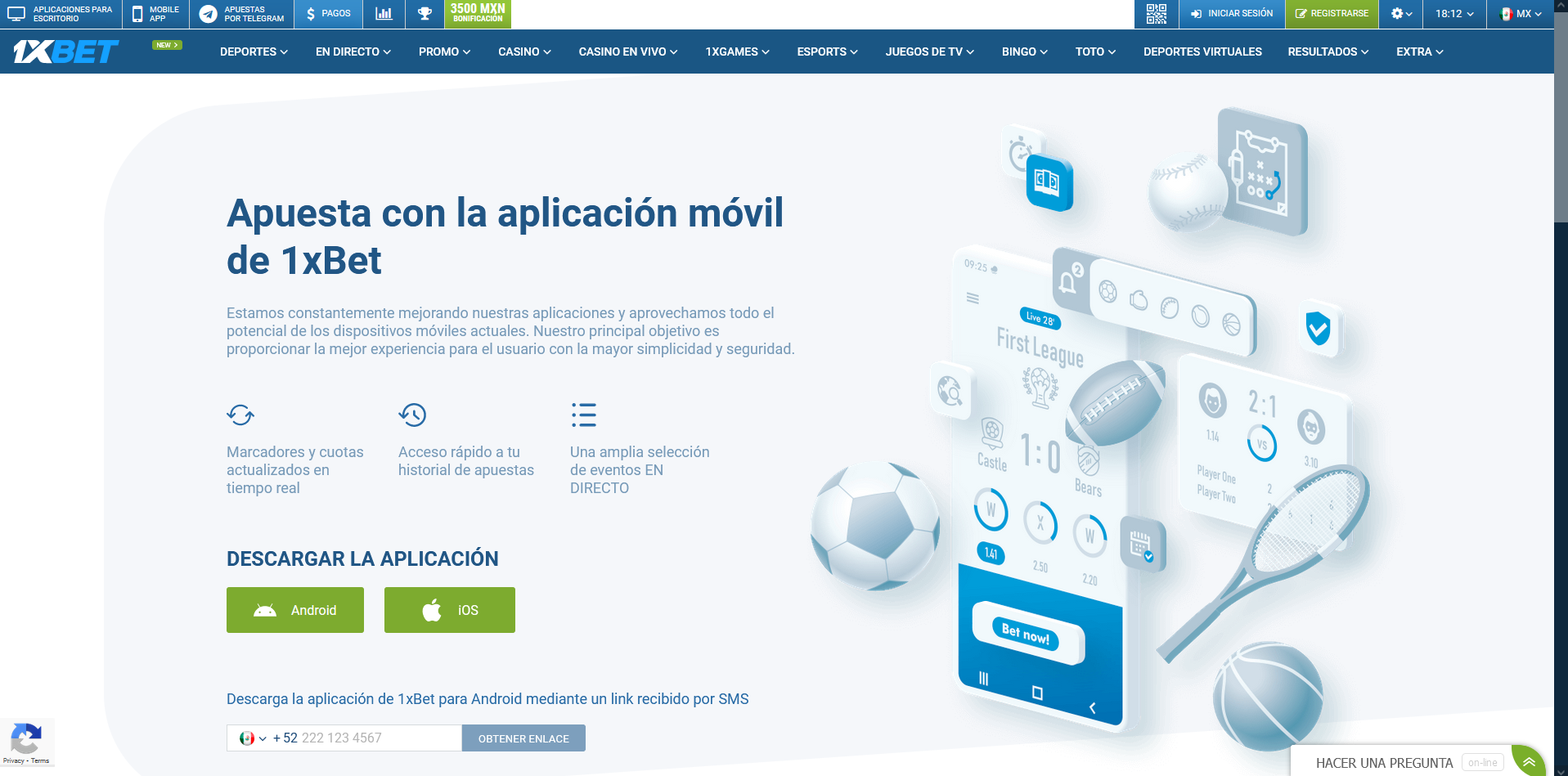 Se muestra la página de 1xBet México con opciones para descargar las apps